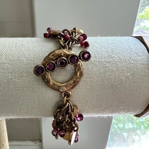 TOGGLE bracelet with Deep Red beads, Gold toned discs, Multiple Strands
